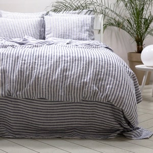 King and other sizes European linen Ticking Stripe Linen Duvet Cover Graphite *Single Double Prewashed*Fast Delivery *Button Closure