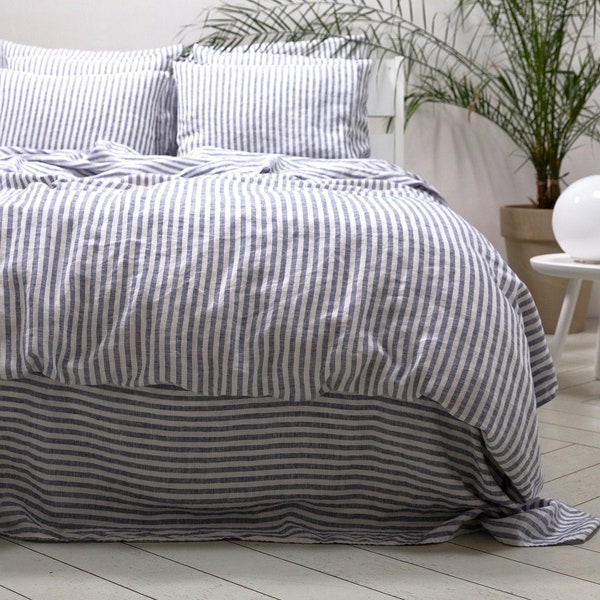 Ticking Stripe Linen Duvet Cover Indigo. Queen, Double, King and other sizes. 100% European linen. Washed linen bedding, no seams