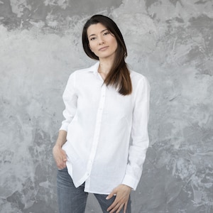 White Linen Collar Shirt for Woman. Loose-fitting shirt with full-length buttoned opening. Long sleeve shirt. image 1