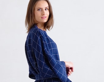 Women's linen bath robe in Window Pane Navy White. Unisex linen robe. Linen robe for women, men.