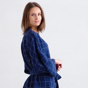 Women's linen bath robe in Window Pane Navy White. Unisex linen robe. Linen robe for women, men. image 1