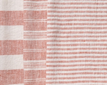 Tissu Lin Rayé au mètre et fil Orange Blanc. 260 gr/m2, largeur 140cm. Tissu en lin pour la couture, coussins de décoration, linge de table.