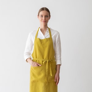 Linen Apron in Citrine, Mustard. Linen Bib apron. Washed linen apron for cooking, gardening. Full apron for women and men. European flax