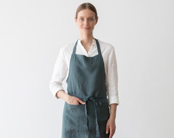Linen Apron in Balsam Green, Dark Green. Linen Bib apron. Washed linen apron for cooking, gardening. Full apron for women and men. Gift
