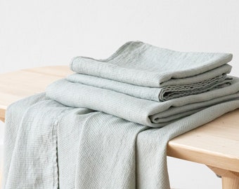 Linen Waffle Towels Light Green. Waffle Linen Bath Towel Set, linen bath towel, waffle hand towels, linen wash cloth and face towel.