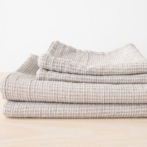 Washed Linen Cotton Mix Waffle Towels in Natural, Beige: Towel Set, Bath Towel, Hand Towel, Wash Cloth, face, body linen towels, tea towels