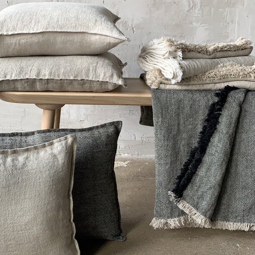 Linen Throw Blanket in Natural Black Oatmeal and Brick. Etsy