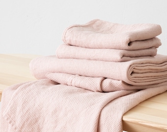 Linen Waffle Towels in Rosa, Pink: Towel Set, Bath Towel, Hand Towel Set, Wash Cloth set, face, body linen towels. European linen towels