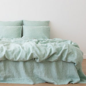 Washed Linen Duvet Cover in Mint. Queen, King and other USA sizes linen bedding. Linen Duvet cover for summer house in any size.