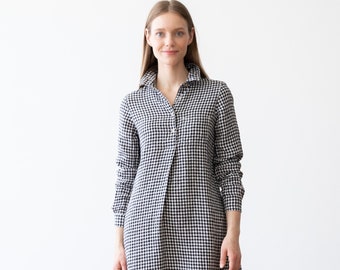 Linen Shirt Dress in Black White Check. Linen clothing for women in gingham. A Shape silhouette, long sleeves, knee length. Camilla