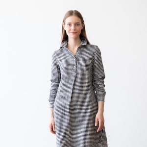 Linen Shirt Dress in Black White Check. Linen clothing for women in gingham. A Shape silhouette, long sleeves, knee length. Camilla