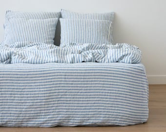 Ticking Stripe Fitted Sheet in blue white. King, Queen, Custom size linen fitted sheet, linen bedding. Washed European Linen sheets