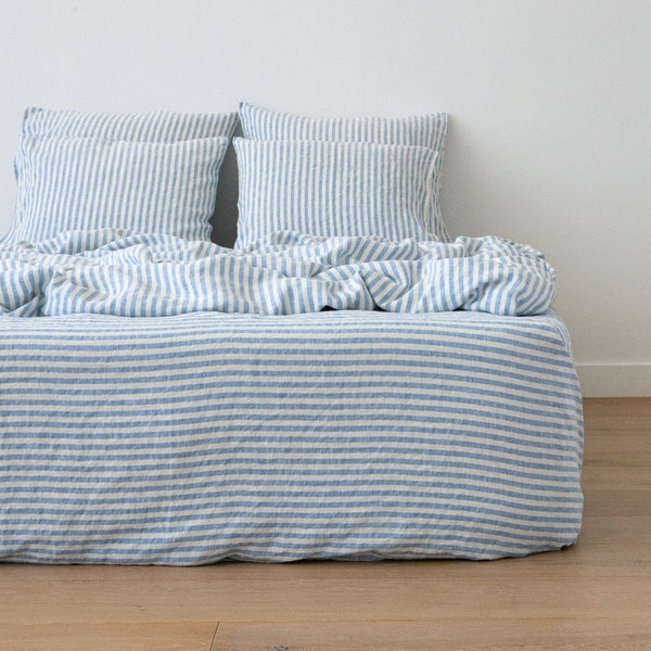 Ticking Stripe Fitted Sheet in blue white. King, Queen, Custom size linen fitted sheet, linen bedding. Washed European Linen sheets