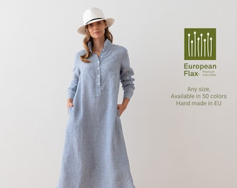 Washed Long Linen Dress Various Color. Summer linen dress with pockets. Meghan Linen Dress, Blue Medium Stripe - LinenMe, Linen Clothing