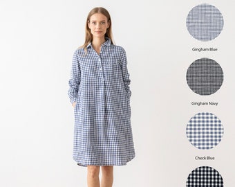 Linen Shirt Dress with Pockets in Checked Linen. Washed and soft linen dress. Summer Linen Dress. Gingham linen Blue and Navy