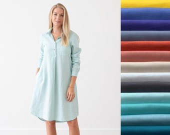 Vestido camisa de linho em várias cores. Roupa de linho feminina. Vestido túnica de linho. Silhueta em A, mangas compridas, comprimento até o joelho. Camilla