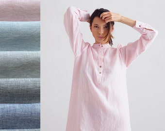 Pinstripe Linen Night Shirt in Various Colors. Washed Linen Sleepwear, night gown. Straight silhouette, front half-length buttoned opening