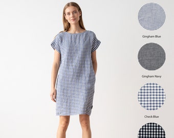 Linen Dress Short Sleeves with Pockets in Checked, Gingham Linen. Washed and soft linen dress. Summer Linen Dress. Blue white and Navy white