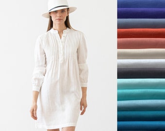 Washed Linen Tunic Various Color. Summer linen tunic dress with pockets. Linen tunic long sleeve with pleats. Linen Clothing for Woman