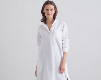 Linen Summer Dress in White. Linen clothing for women in various colors. A Shape silhouette, long sleeves, knee lenght. Camilla