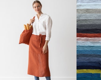 Gewassen linnen schort in verschillende kleuren. Linnen koksschort. Gewassen linnen schort voor koken en tuinieren voor dames en heren. Linnen half schort