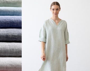 Loose Fit Tunic Dress in Melange Linen, Various Colors. Washed and Soft Linen Tunic Dress with long sleeves. Linen Lounge Wear.