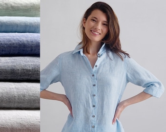 Melange Linen Collar Shirt for Woman in Various Colors. Loose-fitting shirt, full-length buttoned opening. Long sleeve shirt. READY TO SHIP