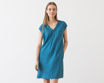 Linen Dress Sea Blue. Washed linen clothing. Sleeveless summer linen dress. Linen tunic dress.
