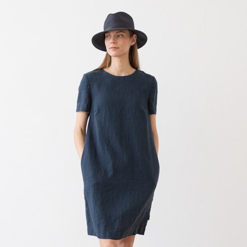 Linen Dress Indigo Isabella straight Silhouette With Hidden | Etsy