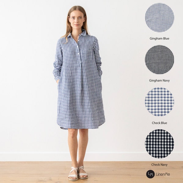 Linen Shirt Dress with Pockets in Checked Linen. Washed and soft linen dress. Summer Linen Dress. Gingham linen Blue and Navy