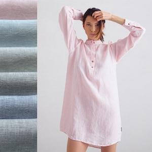 Pinstripe Linen Night Shirt in Various Colors. Washed Linen Sleepwear, night gown. Straight silhouette, front half-length buttoned opening