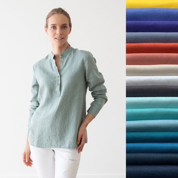 Long Sleeve Linen Shirt in Various colours. Loose-fitting shirt with half-length buttoned opening. Linen clothing. Everyday linen shirt