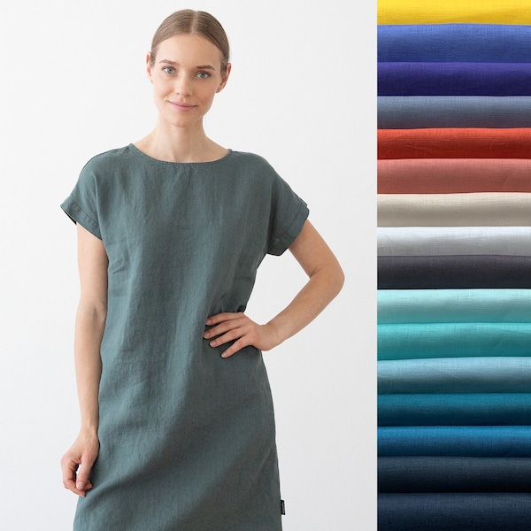 Robe en lin à manches courtes avec poches de différentes couleurs. Robe ample. Linge européen. Robe en lin lavé et doux.