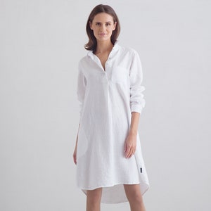 Linen Summer Dress in White. Linen clothing for women in various colors. A Shape silhouette, long sleeves, knee lenght. Camilla