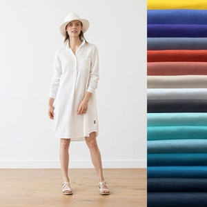 Linen Shirt Dress White Camilla *Straight silhouette *Front half-length hidden buttoned opening *Available in 15 colors