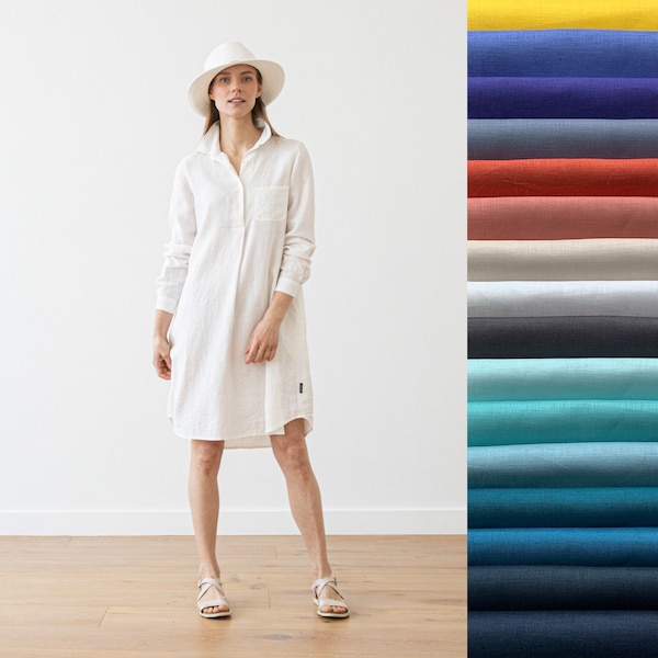 Linen Shirt Dress White Camilla *Straight silhouette *Front half-length hidden buttoned opening *Available in 15 colors