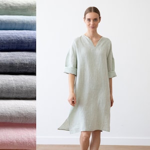 Loose Fit Tunic Dress in Melange Linen, Various Colors. Washed and Soft Linen Tunic Dress with long sleeves. Linen Lounge Wear.