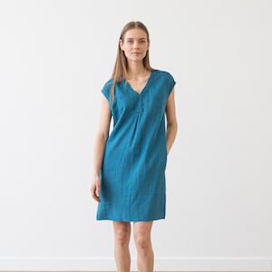 Linen Dress Sea Blue. Washed linen clothing. Sleeveless summer linen dress. Linen tunic dress. image 1