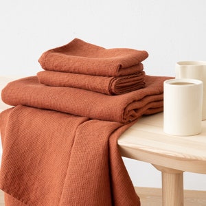 Linen Waffle Towels Brick, Rust: Towel Set, Bath Towel, body linen towels, linen hand towels, linen wash cloth. European linen.