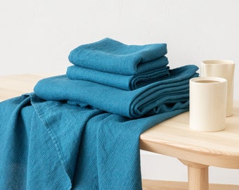 Linen Waffle Towels in Sea Blue: Towel Set, Bath Towel, Hand Towel set, Wash Cloth set , face, body linen towels.
