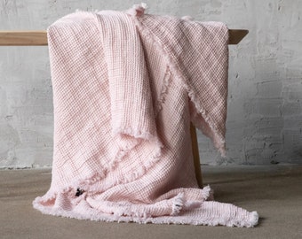 Waffle Linen Throw Blanket in Rosa, Pink With Hand Made Fringes. Twin, Queen, King linen blanket. Any Size Blanket.