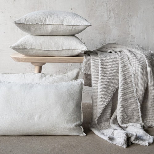 Linen Throw Blanket in Natural. Basket Weave Linen Fringed Etsy