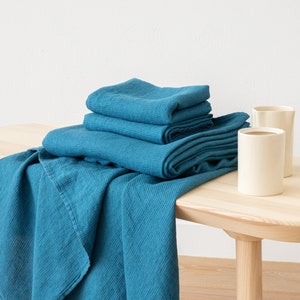 Linen Waffle Towels in Sea Blue: Towel Set, Bath Towel, Hand Towel set, Wash Cloth set , face, body linen towels.