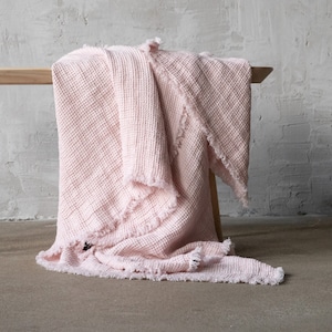 Waffle Linen Throw Blanket in Rosa, Pink With Hand Made Fringes. Twin, Queen, King linen blanket. Any Size Blanket. image 1