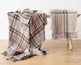 Heavy Weight Linen Throw Blanket in Natural. Tartan weave or striped throw blanket, fringed, European linen. READY TO SHIP. Christmas gift