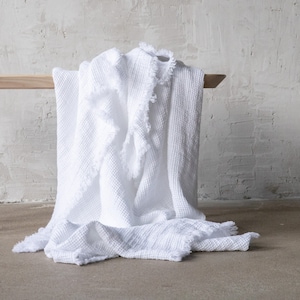 Linen Throw Blanket in White Waffle Fabric With Hand Made Fringes. Twin, Queen, King linen blanket. Perfect item for Christmas gift