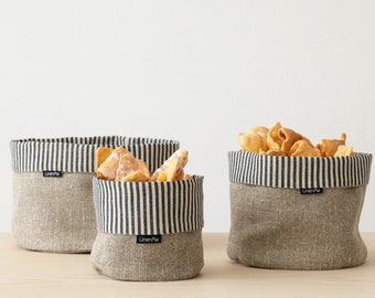 Natural Black linen bread basket, Organic food storage, Plant pot linen bag, Cloth bread basket, Table decor, Linen gift