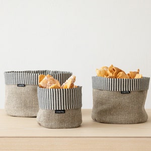 Natural Black linen bread basket, Organic food storage, Plant pot linen bag, Cloth bread basket, Table decor, Linen gift