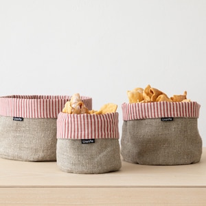 Red Striped Natural linen bread basket, Organic food storage, Plant pot linen bag, Cloth bread basket, Table decor, Linen gift