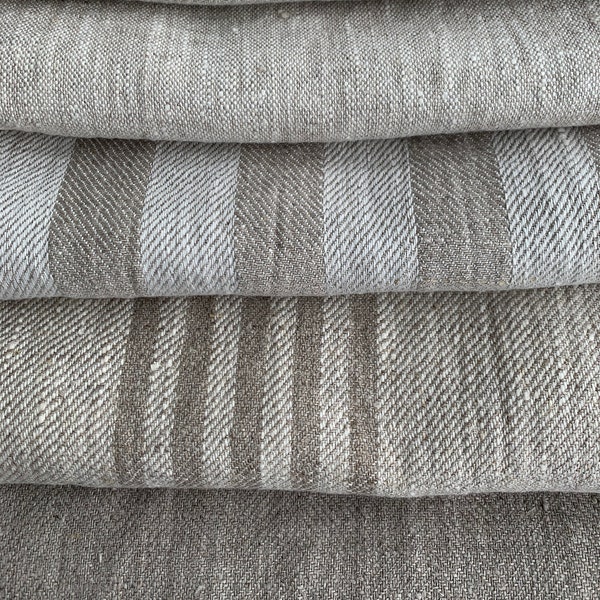 Striped, Melange, Herringbone Linen fabric by the yard or meter in Natural. Heavy weight 280 gr/m2